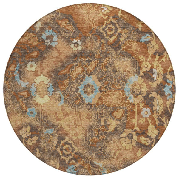 HomeRoots 8 Ft Round Floral Polyester Area Rug Washable Indoor Outdoor Patio Family Room 741575