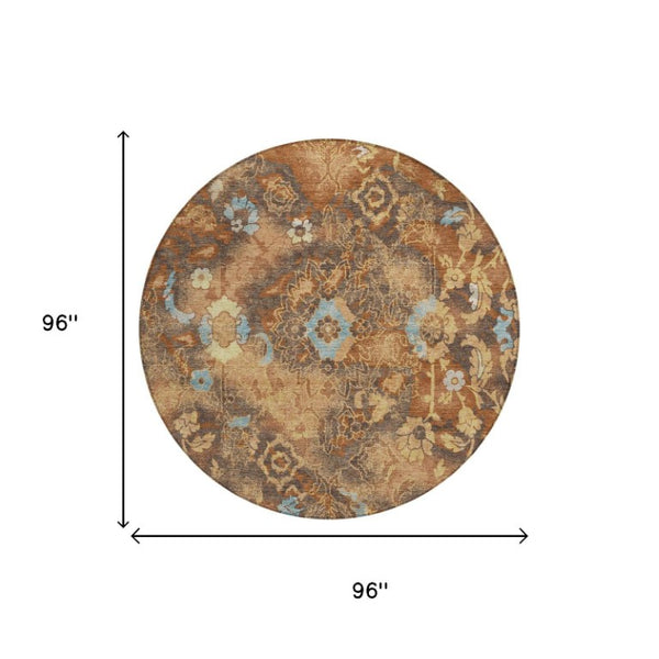 8 Ft Round Floral Polyester Area Rug Washable Indoor Outdoor Patio Family Room
