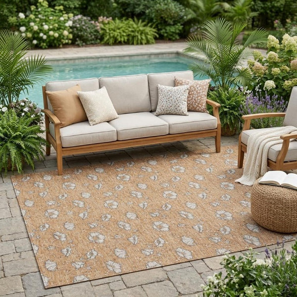 5x8 Floral Polyester Area Rug Copper Orange Washable Stain Resistant Indoor Outdoor