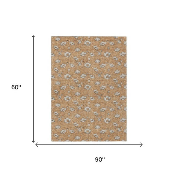 5x8 Floral Polyester Area Rug Copper Orange Washable Stain Resistant Indoor Outdoor