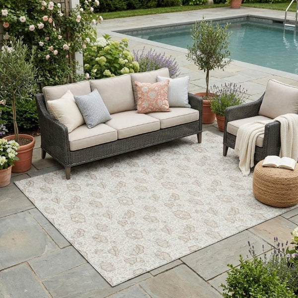 5 X 8 Ivory Floral Polyester Area Rug Washable Stain Resistant Indoor Outdoor Patio