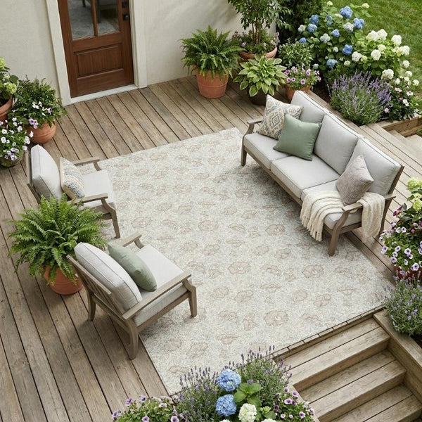 8x10 Ivory Floral Polyester Area Rug Stain Resistant for Indoor Outdoor Living