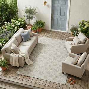 9 X 12 Ivory Floral Polyester Area Rug Washable Stain Resistant Indoor Outdoor Patio