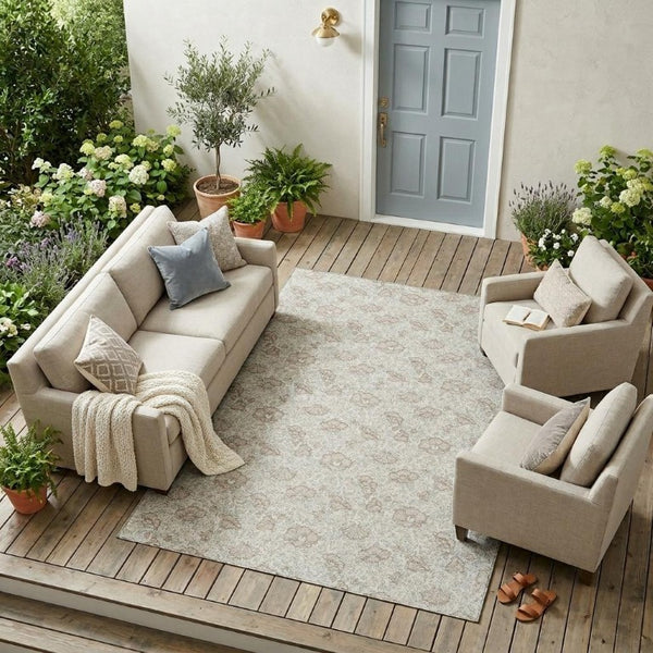 9 X 12 Ivory Floral Polyester Area Rug Washable Stain Resistant Indoor Outdoor Patio