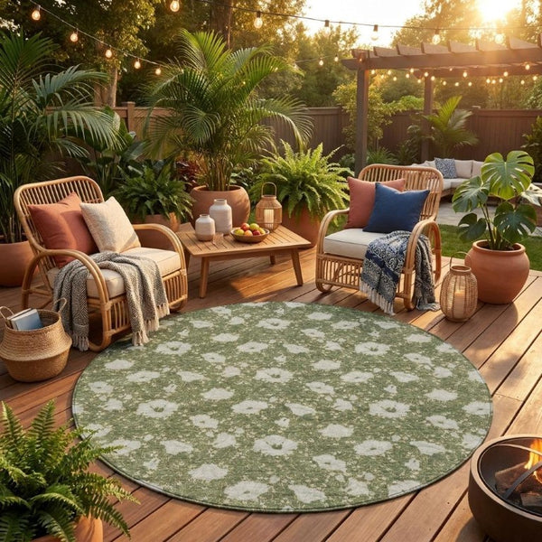 8 Foot Round Floral Polyester Area Rug Washable Indoor Outdoor Patio or Kitchen