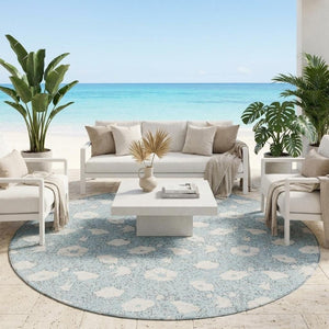 8 Foot Round Floral Polyester Area Rug in Sky Blue for Patio or Family Room