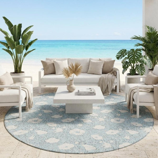 8 Foot Round Floral Polyester Area Rug in Sky Blue for Patio or Family Room