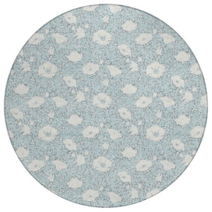 HomeRoots 8 Foot Round Floral Polyester Area Rug in Sky Blue for Patio or Family Room 741623