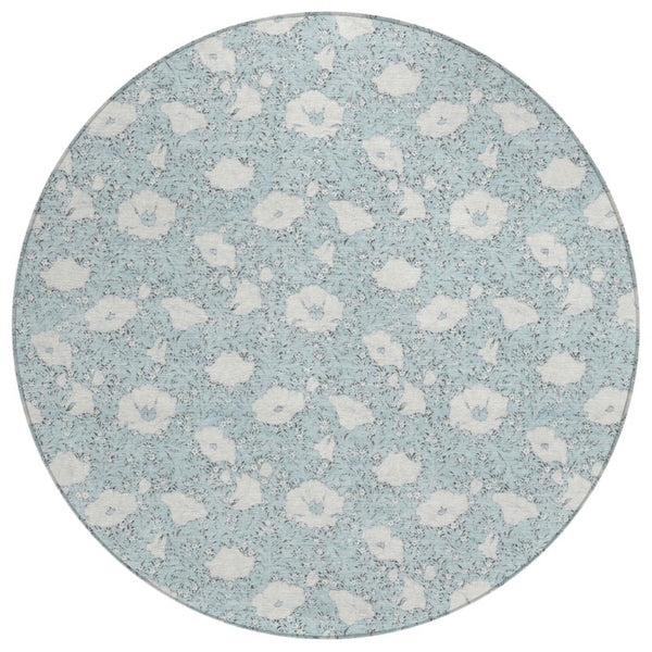 HomeRoots 8 Foot Round Floral Polyester Area Rug in Sky Blue for Patio or Family Room 741623
