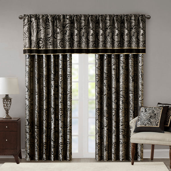 JLA Home Madison Park - Jacquard Aubrey Curtain Panels with Paisley Motif, Faux Silk Piecing, Gold Piping, OEKO‑TEX Certified Elegance Black MP40-2678