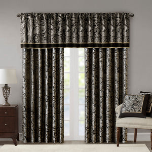 JLA Home Madison Park - Jacquard Aubrey Paisley Curtain Panels with Faux Silk, Gold Piping, OEKO-TEX Safety and Shimmer Black MP40-692