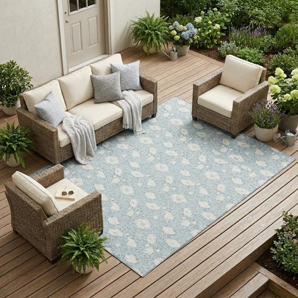 10 Ft Floral Sky Blue Polyester Area Rug Washable Stain Resistant Indoor Outdoor
