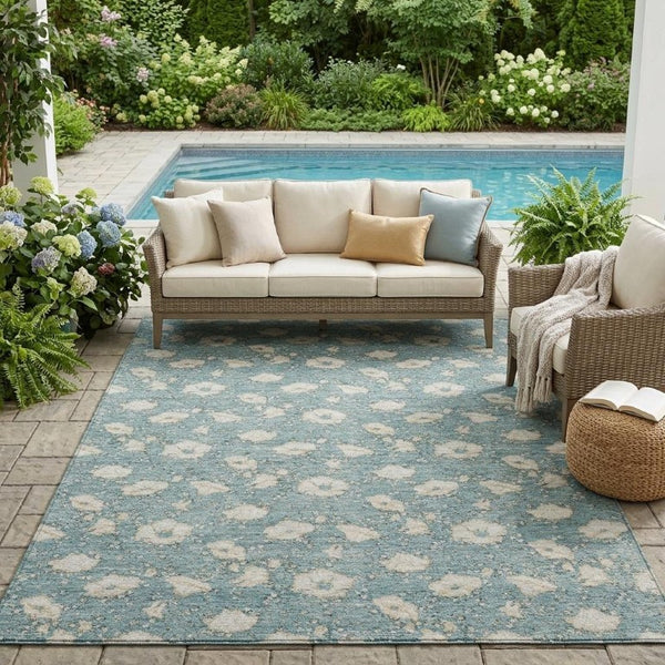 5x8 Floral Polyester Area Rug Teal Pewter Washable Stain Resistant Indoor Outdoor