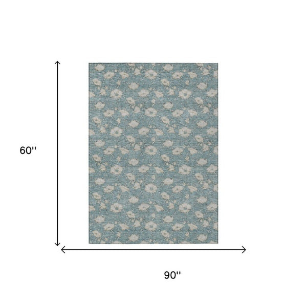 5x8 Floral Polyester Area Rug Teal Pewter Washable Stain Resistant Indoor Outdoor