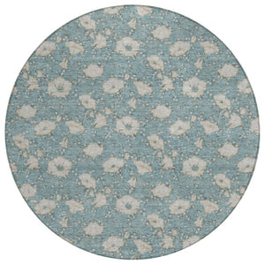 HomeRoots 8 Ft Round Floral Polyester Area Rug in Teal Pewter Washable for Indoor Outdoor Use 741635