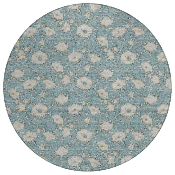 HomeRoots 8 Ft Round Floral Polyester Area Rug in Teal Pewter Washable for Indoor Outdoor Use 741635
