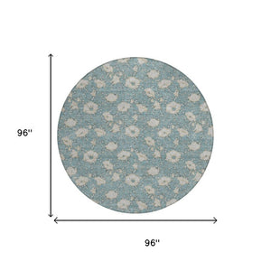 8 Ft Round Floral Polyester Area Rug in Teal Pewter Washable for Indoor Outdoor Use