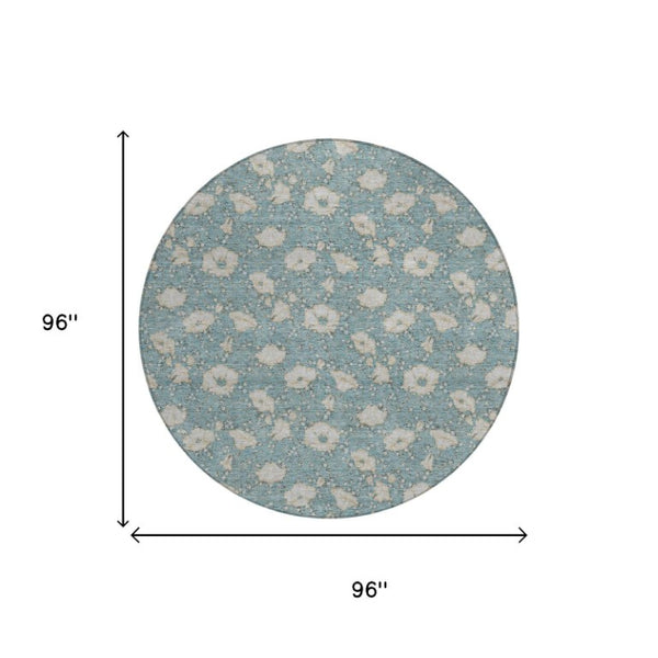 8 Ft Round Floral Polyester Area Rug in Teal Pewter Washable for Indoor Outdoor Use