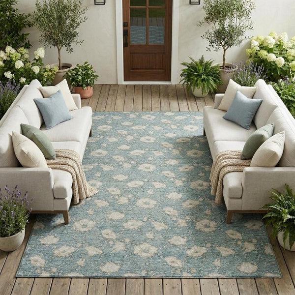8x10 Teal Pewter Floral Polyester Rug Stain Resistant for Patio Porch or Living Room