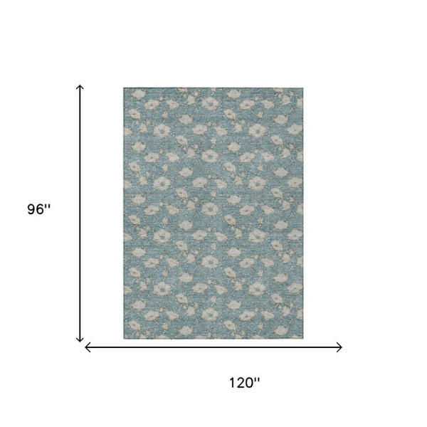 8x10 Teal Pewter Floral Polyester Rug Stain Resistant for Patio Porch or Living Room