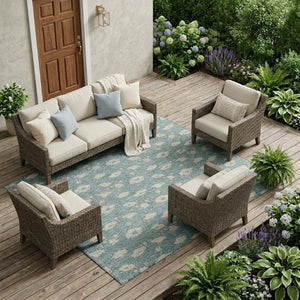 9 X 12 Teal Pewter Floral Polyester Area Rug Stain Resistant Indoor Outdoor Use