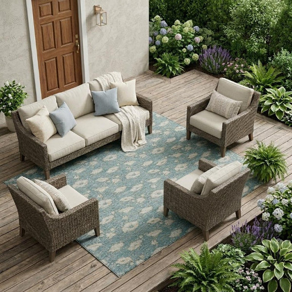9 X 12 Teal Pewter Floral Polyester Area Rug Stain Resistant Indoor Outdoor Use