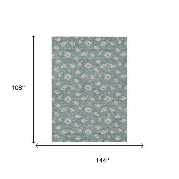 9 X 12 Teal Pewter Floral Polyester Area Rug Stain Resistant Indoor Outdoor Use