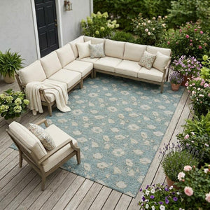 10 X 14 Teal Pewter Floral Polyester Area Rug Washable Stain Resistant Patio