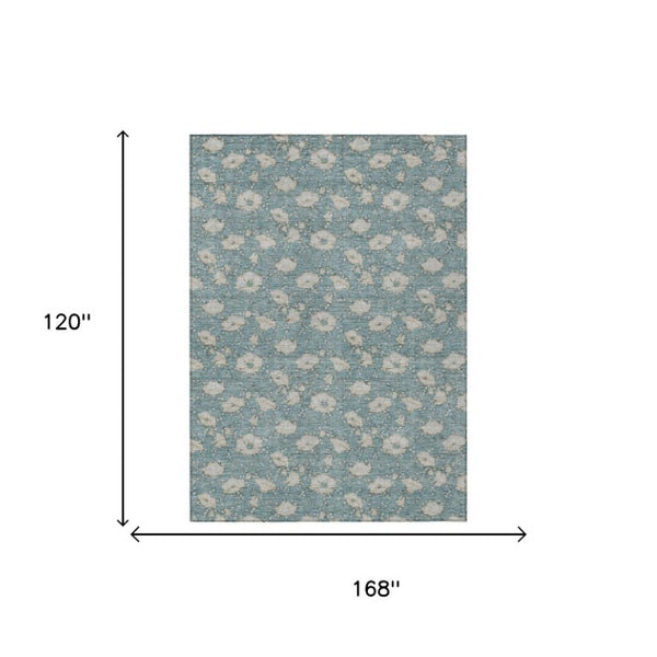 10 X 14 Teal Pewter Floral Polyester Area Rug Washable Stain Resistant Patio