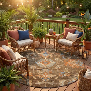 8 Ft Round Floral Medallion Polyester Area Rug Washable Indoor Outdoor Pet Friendly