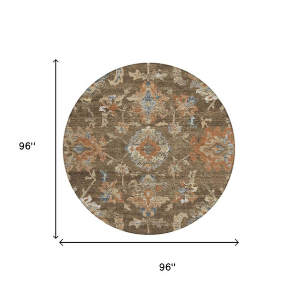 8 Ft Round Floral Medallion Polyester Area Rug Washable Indoor Outdoor Pet Friendly