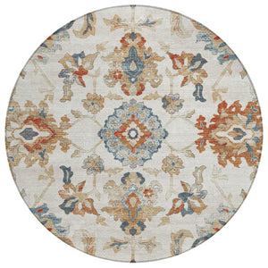 HomeRoots 8 Ft Round Medallion Floral Polyester Rug Washable Stain Resistant Patio or Family Room 741653