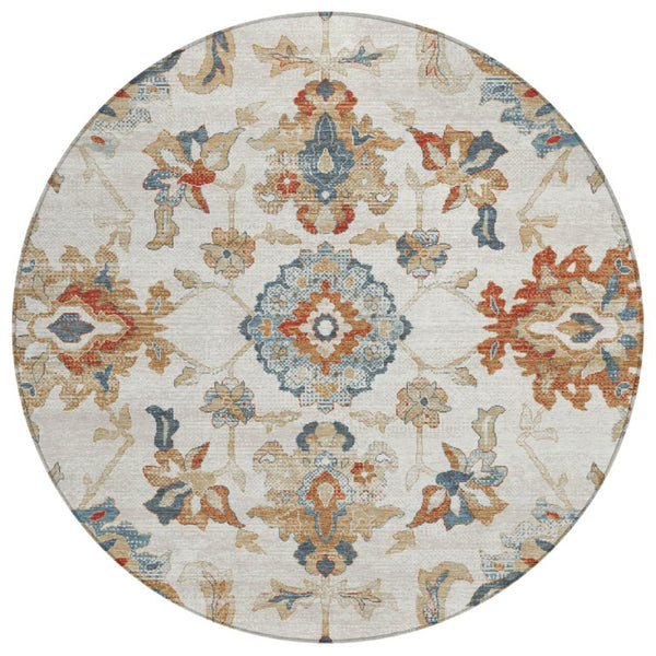 HomeRoots 8 Ft Round Medallion Floral Polyester Rug Washable Stain Resistant Patio or Family Room 741653