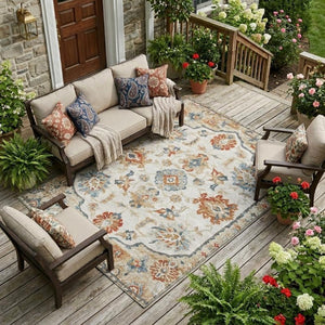 8x10 Polyester Floral Medallion Area Rug Washable Stain Resistant Indoor Outdoor Use