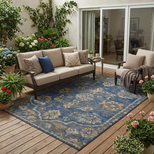 5x8 Navy Floral Medallion Polyester Area Rug Washable Stain Resistant Indoor Outdoor