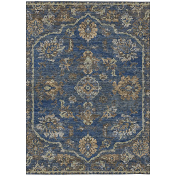 HomeRoots 5x8 Navy Floral Medallion Polyester Area Rug Washable Stain Resistant Indoor Outdoor 741658