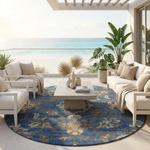 8 Foot Round Floral Medallion Polyester Area Rug Stain Resistant Indoor Outdoor Use