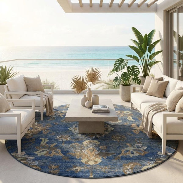 8 Foot Round Floral Medallion Polyester Area Rug Stain Resistant Indoor Outdoor Use