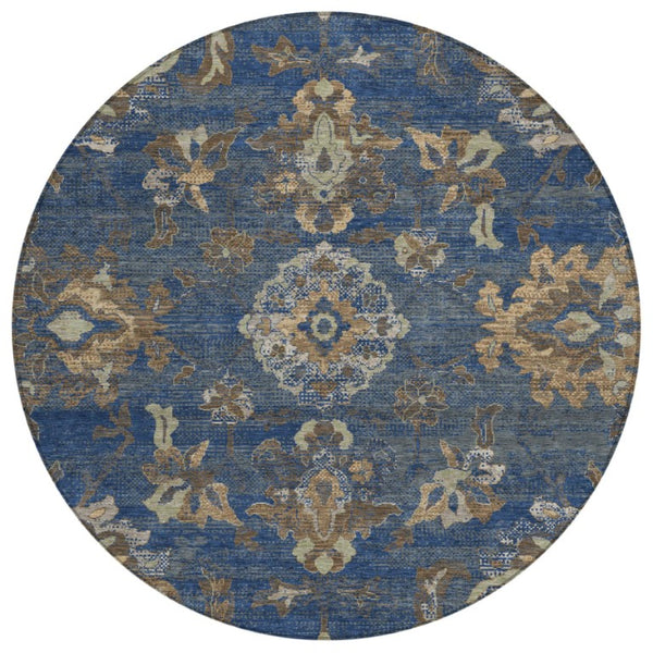 HomeRoots 8 Foot Round Floral Medallion Polyester Area Rug Stain Resistant Indoor Outdoor Use 741659