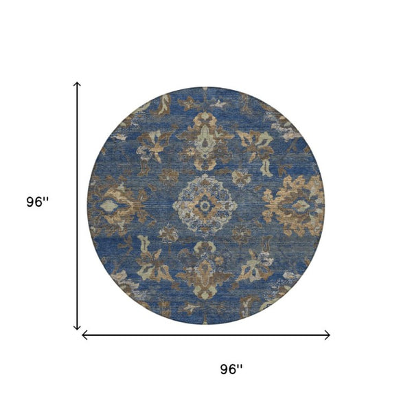 8 Foot Round Floral Medallion Polyester Area Rug Stain Resistant Indoor Outdoor Use