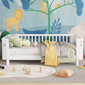 English Elm Twin Solid Pine Platform Bed with Guardrail for Kids — Low Profile White Twin Bed, Durable 250lb Capacity W2593P296772