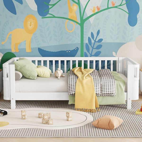 English Elm Twin Solid Pine Platform Bed with Guardrail for Kids — Low Profile White Twin Bed, Durable 250lb Capacity W2593P296772