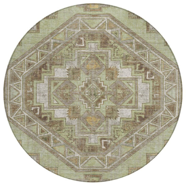 HomeRoots 8 Ft Round Southwestern Geometric Polyester Rug Stain Resistant for Patio or Family Room 741677