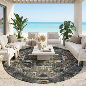 8 Ft Round Southwestern Geometric Polyester Rug Washable Indoor Outdoor Patio