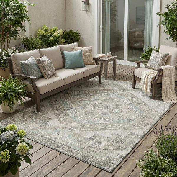 5x8 Ivory Pewter Southwestern Polyester Rug Stain Resistant for Patio or Living Room