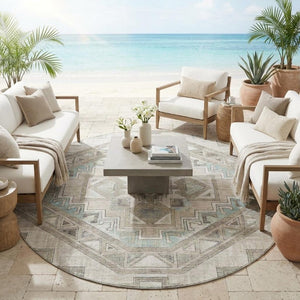 8 Ft Round Southwestern Geometric Polyester Rug Stain Resistant Indoor Outdoor