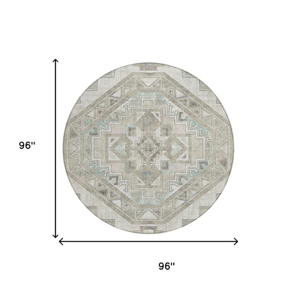 8 Ft Round Southwestern Geometric Polyester Rug Stain Resistant Indoor Outdoor