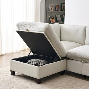 English Elm 96.5" L-shaped Chenille Sectional with Storage Ottoman Eucalyptus Frame Living Room Beige W1097S00279