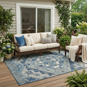 5x8 Southwestern Polyester Area Rug Washable Indoor Outdoor Navy Geometric