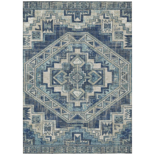 HomeRoots 5x8 Southwestern Polyester Area Rug Washable Indoor Outdoor Navy Geometric 741694